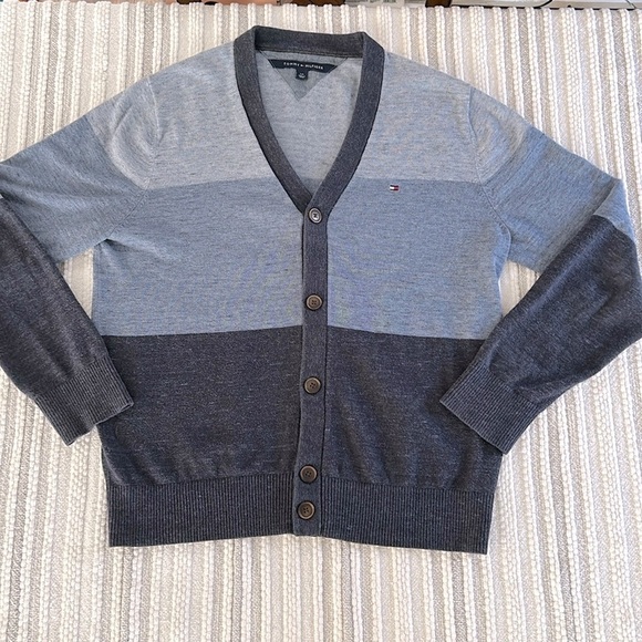 TOMMY HILFIGER Mens Cardigan Sweater L Blue Navy Gray Colorblock Cotton V Neck - Picture 1 of 9